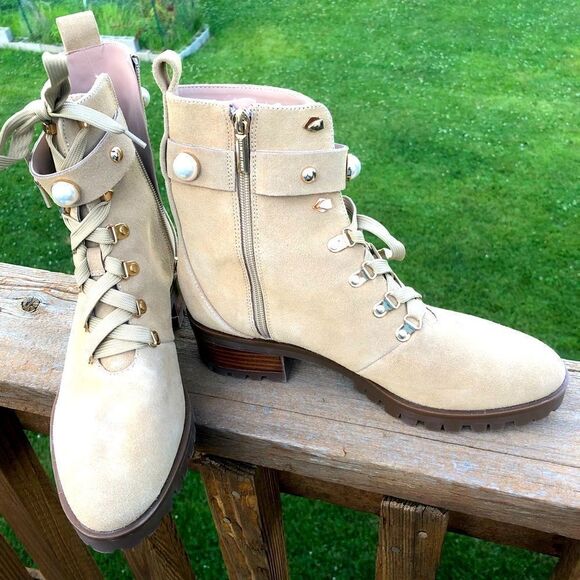 Karl Lagerfeld pearl and gold stud embellished leather lace up boots, size 10 - Picture 1 of 15